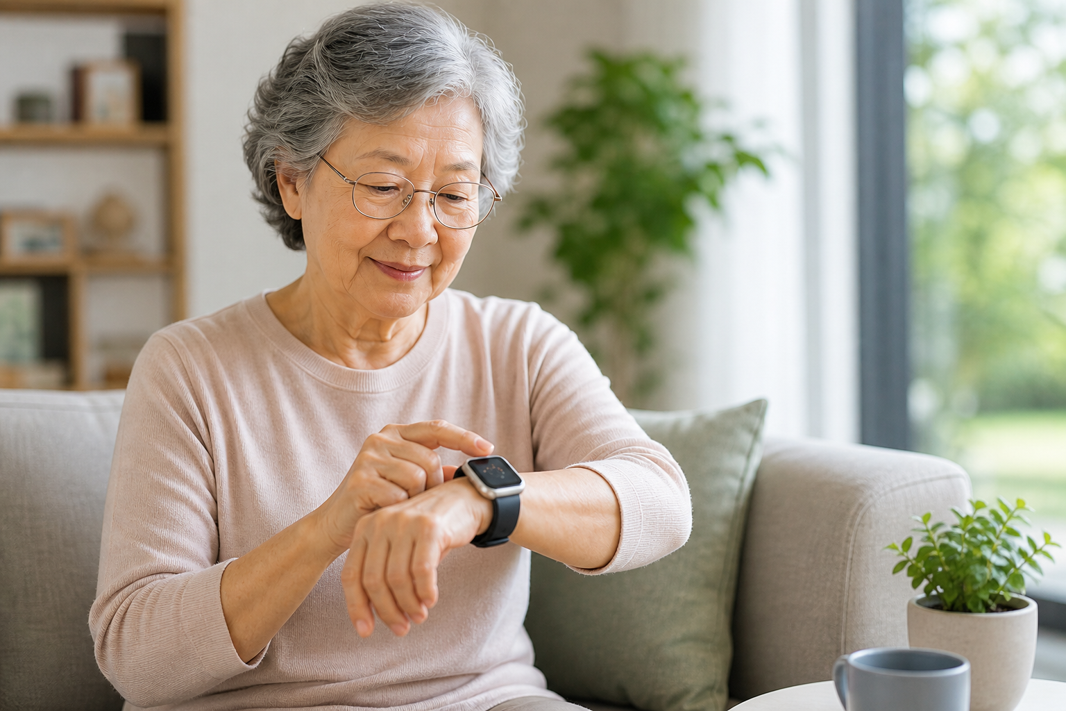 Elderly woman with wearable device